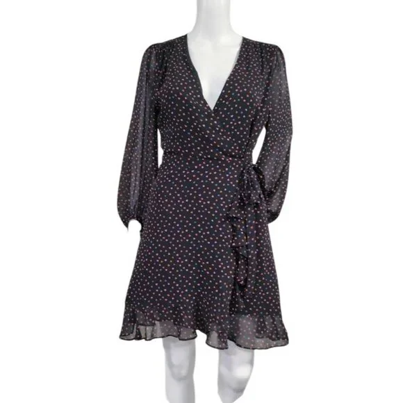 Banana Republic Wedding Guest Heart Twee Y2K Valentine Mini Wrap Dress Black 2 - Picture 2 of 12